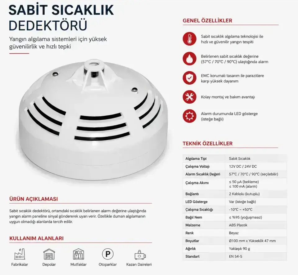 Sabit Sıcaklık Dedektörü Soket Dahil 82 ⁰C